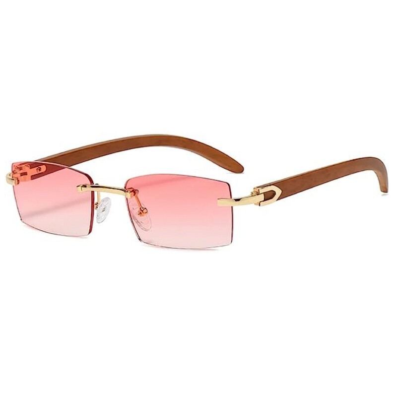 Gold Frame Woodgrain Rimless Women&#39;s Mens Rectangle Pink Tint Hip Hop Sunglasses