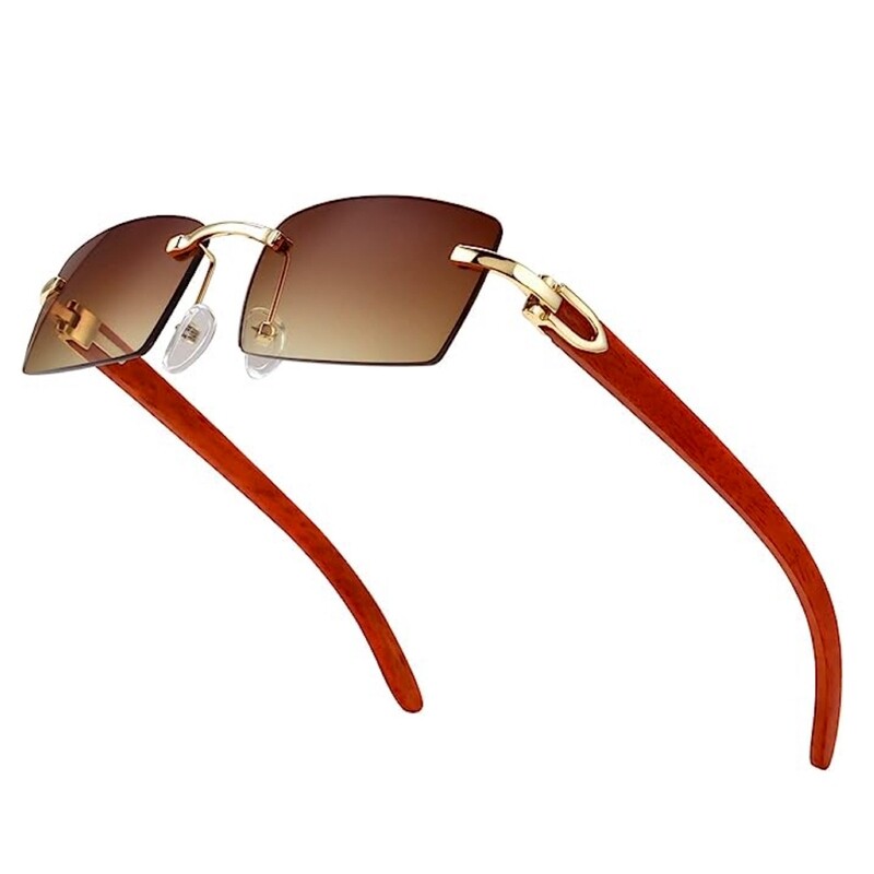 Gold Frame Woodgrain Rimless Men Women&#39;s Rectangle Brown Tint Hip Hop Sunglasses