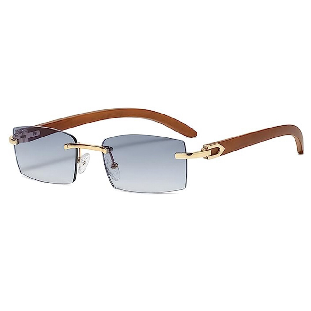 Woodgrain Rimless Gold Frame Men Women&#39;s Rectangle Blue Tint Hip Hop Sunglasses