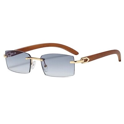 Woodgrain Rimless Gold Frame Men Women&#39;s Rectangle Blue Tint Hip Hop Sunglasses