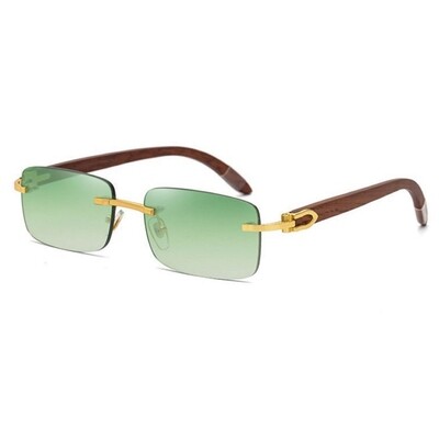 Woodgrain Rimless Gold Frame Hip Hop Men Women&#39;s Rectangle Green Tint Sunglasses