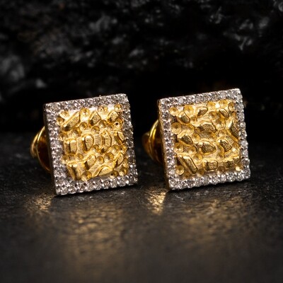 Small Square 10K Yellow Gold 0.20 Ct Natural Diamond Nugget Stud Earrings