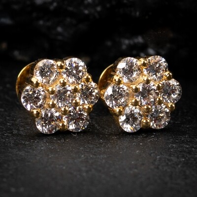 VVS Diamond​ 0.97Ct Flower Cluster 14K Yellow Gold Stud Earrings