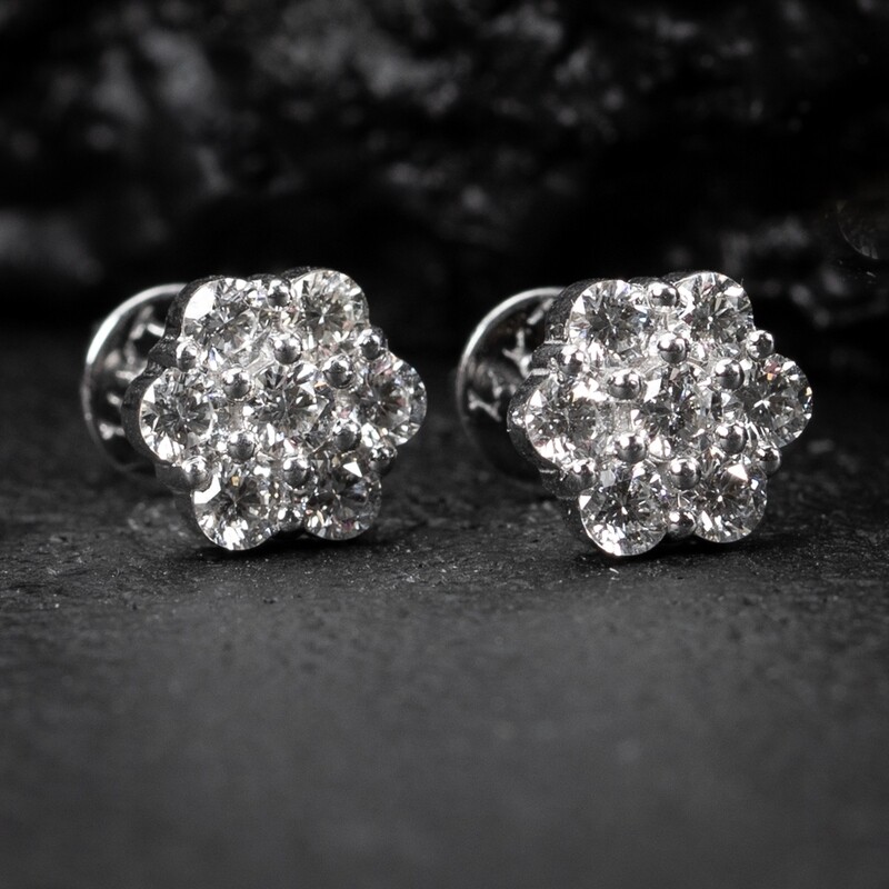 VVS Diamond​ 0.97Ct Flower Cluster 14K White Gold Stud Earrings