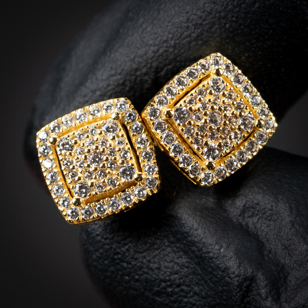 Yellow Gold 925 Sterling Silver 3D Cube Square Iced Cz Cluster Stud Earrings