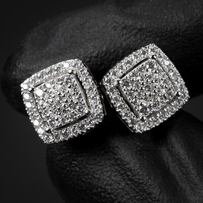 White Gold 925 Sterling Silver 3D Cube Square Iced Cz Cluster Stud Earrings