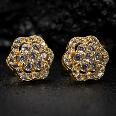 Flower Cluster​ Yellow Gold 925 Sterling Silver Iced Cz Stud Screw Back Earrings