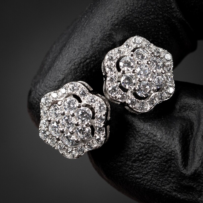 Flower Cluster​ White Gold 925 Sterling Silver Iced Cz Stud Screw Back Earrings