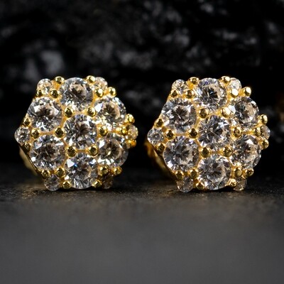 Octagon Flower Cluster Yellow Gold 925 Sterling Silver Stud Screw Back Earrings