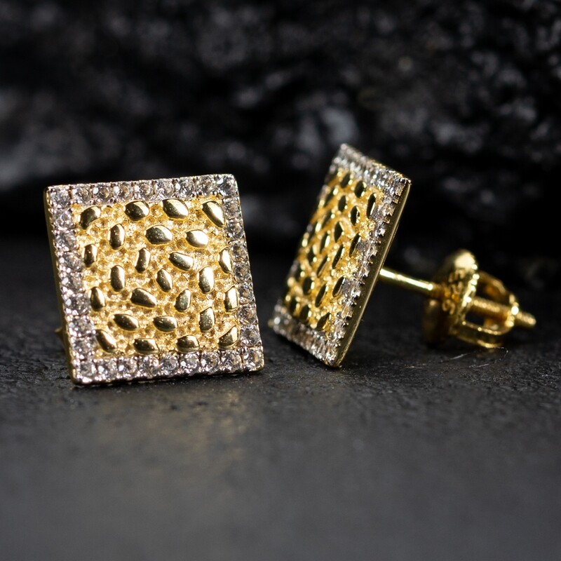 Large Iced Yellow Gold Plated Men's Square Nugget Hip Hop Earrings