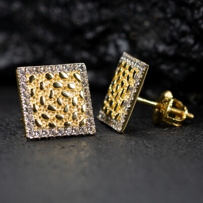 Large Iced Yellow Gold Sterling Silver Men's Square Nugget Hip Hop Earrings