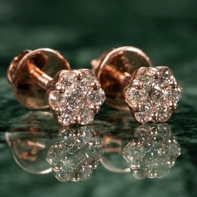 Small ​Solid 10k Rose Gold Unisex Round 0.38Ct Diamond Cluster Stud Earrings
