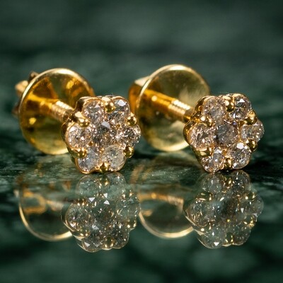 Small Solid 10k Yellow Gold Unisex Round 0.38Ct Flower Cluster Diamond Earrings