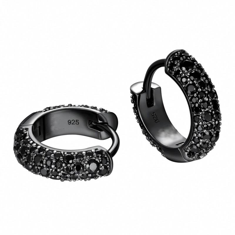Men&#39;s Black Plated 925 Sterling Silver Black Onyx Cz Pave Set Small Hoop Earrings
