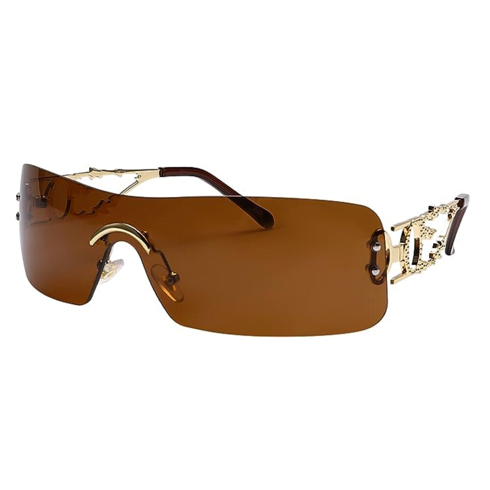 Women's Brown Tint Rimless Y2k Fashion Rectangle Flame Metal Sunglasses Women's Brown Tint Rimless Y2k Fashion Rectangle Flame Metal Sunglasses