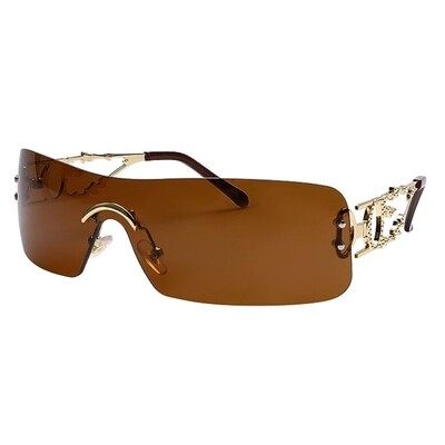 Women&#39;s Brown Tint Rimless Y2k Fashion Rectangle Flame Metal Sunglasses