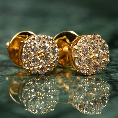 Natural Diamond 0.37 Ct Round 10K Yellow Gold Circle Cluster Stud Earrings