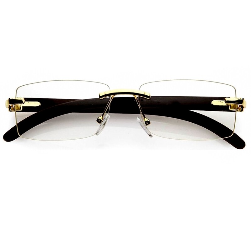 Gold Frame Rimless Men&#39;s Women&#39;s Clear Rectangle Hip Hop Black Woodgrain Buffs Sunglasses