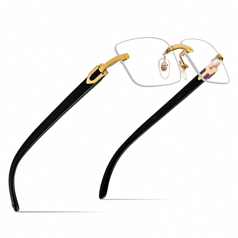Mens Rimless Gold Frame Black Woodgrain Clear Lens Glasses