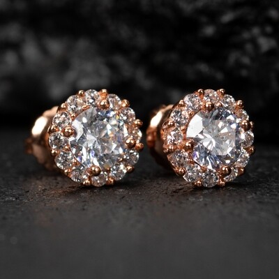 Rose Gold Sterling Silver Small Round Halo Screw Back Stud Earrings