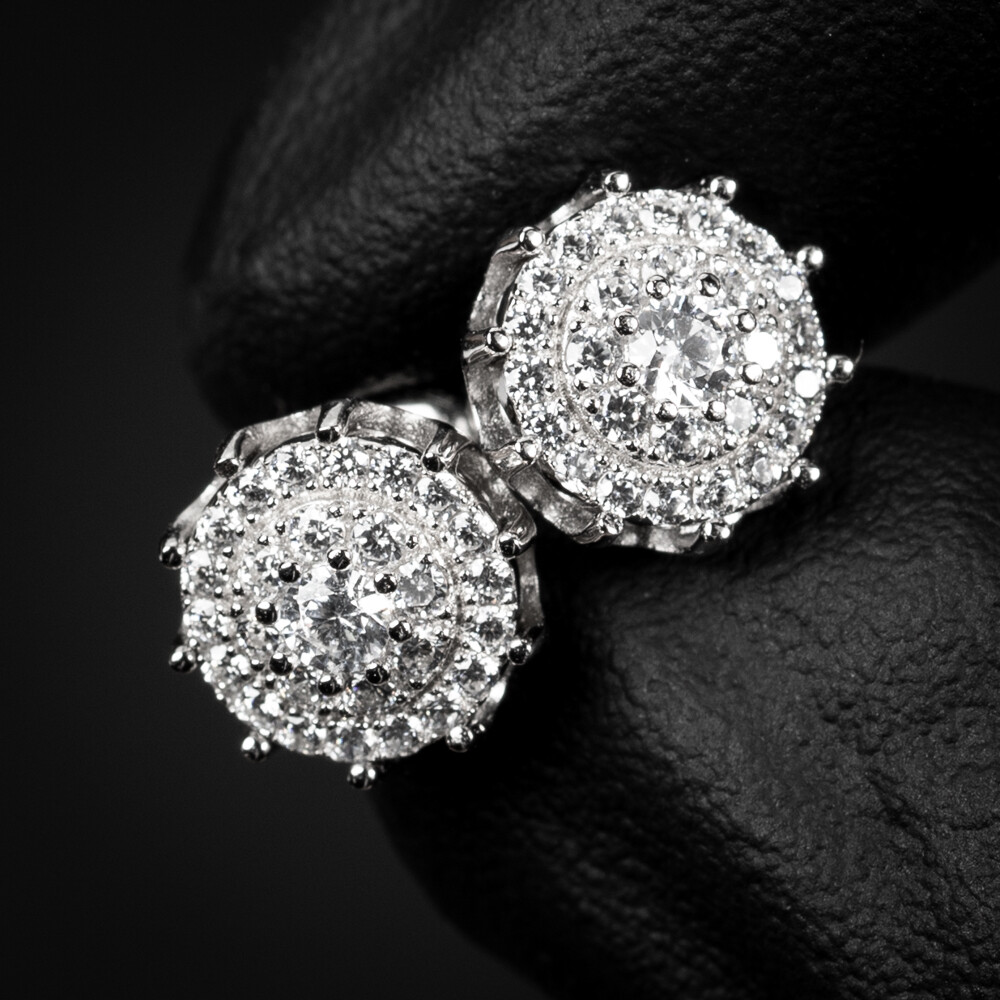 Iced Cz Round Spiked White Gold Sterling Silver Screw Back Stud Earrings