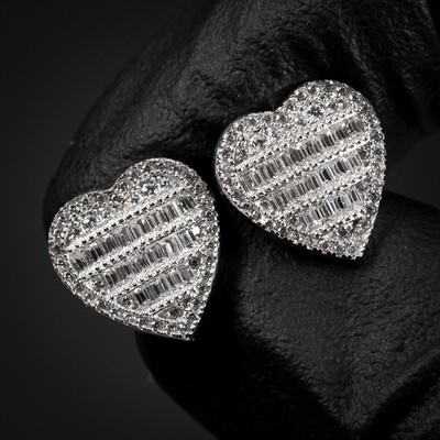 Women’s White Gold 925 Sterling Silver Baguette Heart Screw Back Earrings