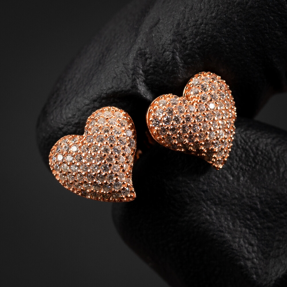 Rose Gold 925 Sterling Silver Pink 3D Honey Comb Set Women&#39;s Heart Stud Earrings