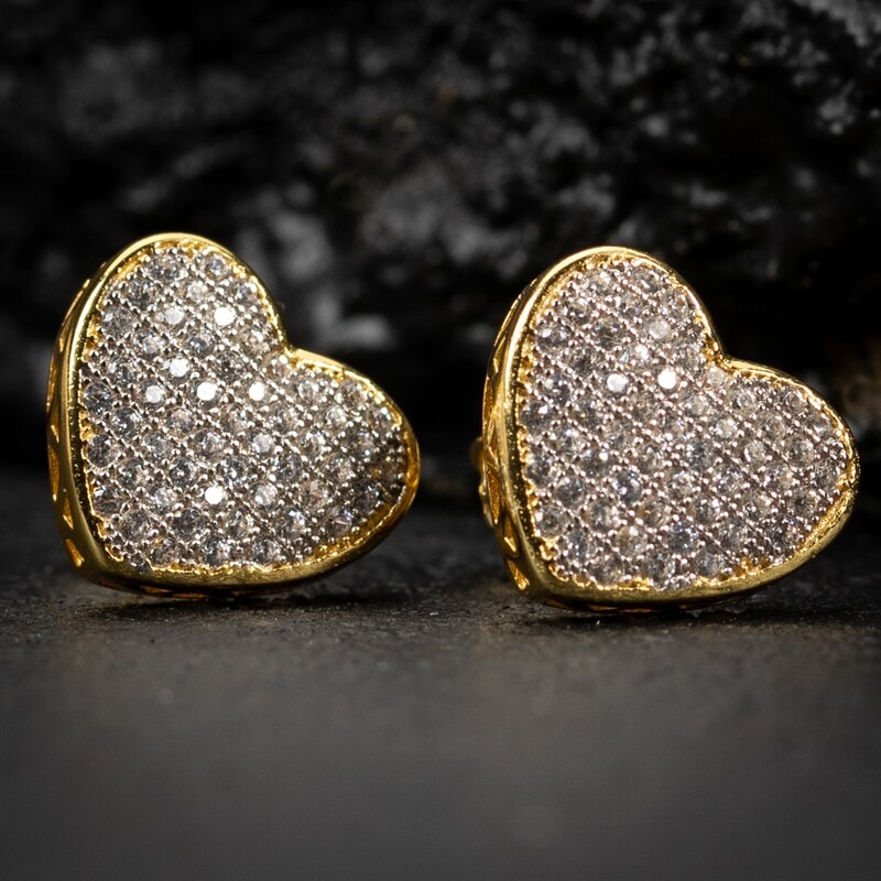 Large Cute Yellow Gold 925 Sterling Silver Micro Pave Women's Cz Heart Stud Earrings