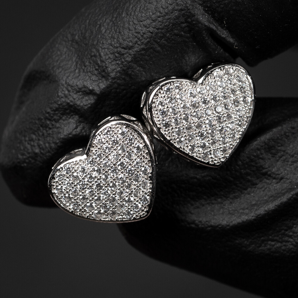 Large Cute White Gold 925 Sterling Silver Micro Pave Women&#39;s Cz Heart Stud Earrings