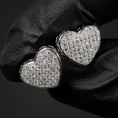 Large Cute White Gold 925 Sterling Silver Micro Pave Women's Cz Heart Stud Earrings