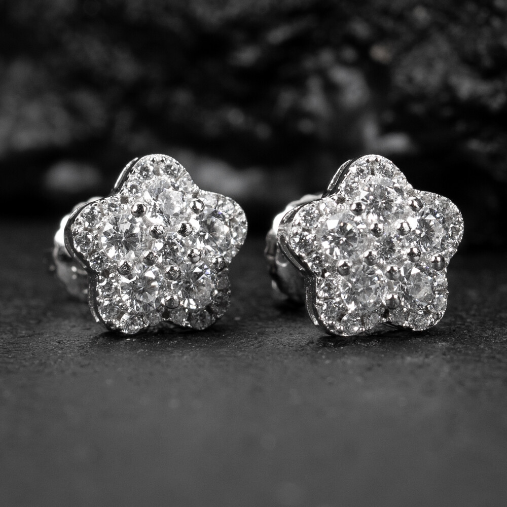 Star Cluster White Gold 925 Sterling Silver Star Flower Stud Screw Back Earrings
