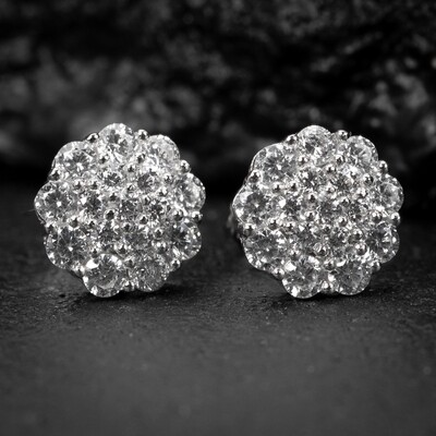 Circle White Gold 925 Sterling Silver Round Flower Cluster Stud Earrings