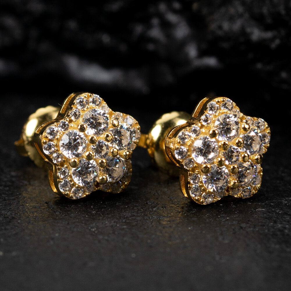 Star Cluster Yellow Gold 925 Sterling Silver Star Flower Stud Screw Back Earrings