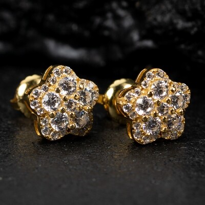 Star Cluster Yellow Gold 925 Sterling Silver Star Flower Stud Screw Back Earrings