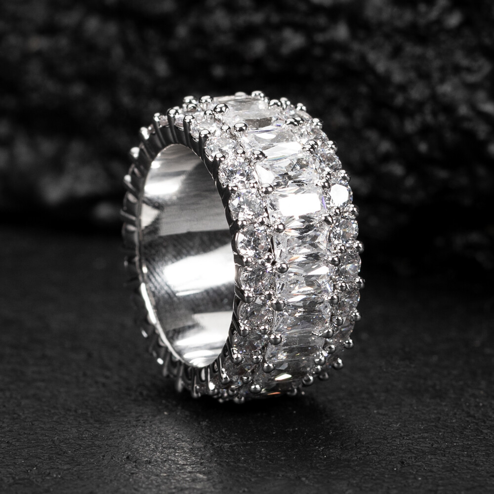 Men's White Gold Plated Iced Emerald Cut Pointer Eternity Statement Pinky Ring