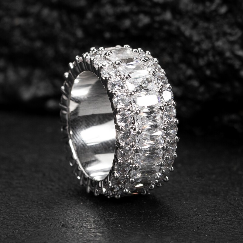 Men&#39;s White Gold Plated Iced Emerald Cut Pointer Eternity Statement Pinky Ring
