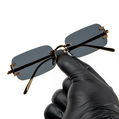 Rectangular Men&#39;s Hip Hop Rimless Gold Frame Black Tint Sunglasses