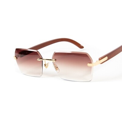 Men's Elegant Gold Frame Rimless Burgundy Tint Woodgrain Sunglasses