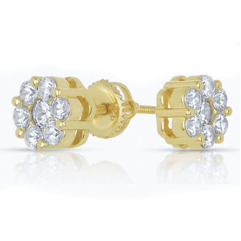 Flower Cluster​ Unisex 925 Sterling Silver 14K Yellow Gold Plated Screw Back Stud Earrings