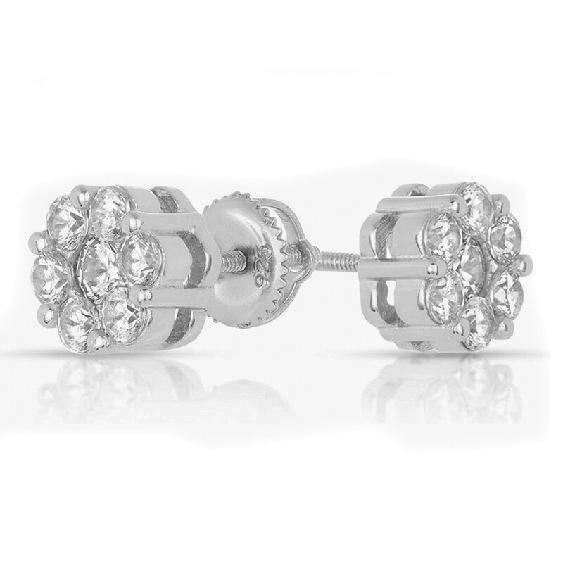 Flower Cluster​ Unisex 925 Sterling Silver White Gold Plated Screw Back Stud Earrings