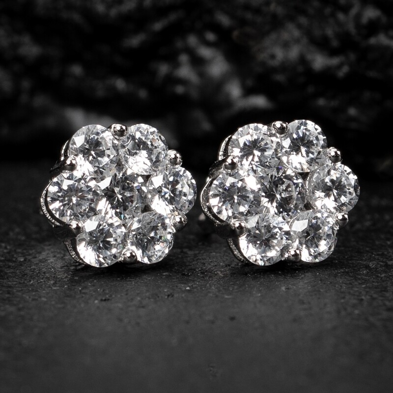Flower Cluster​ White Gold Plated 925 Sterling Silver Stud Screw Back Earrings