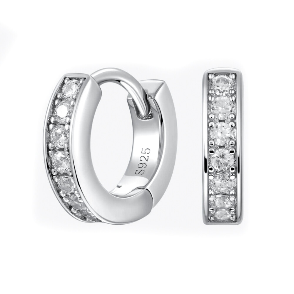 Men&#39;s Women&#39;s One Row 5A Cz White Gold Plated 925 Sterling Silver Huggie Hoop Earrings