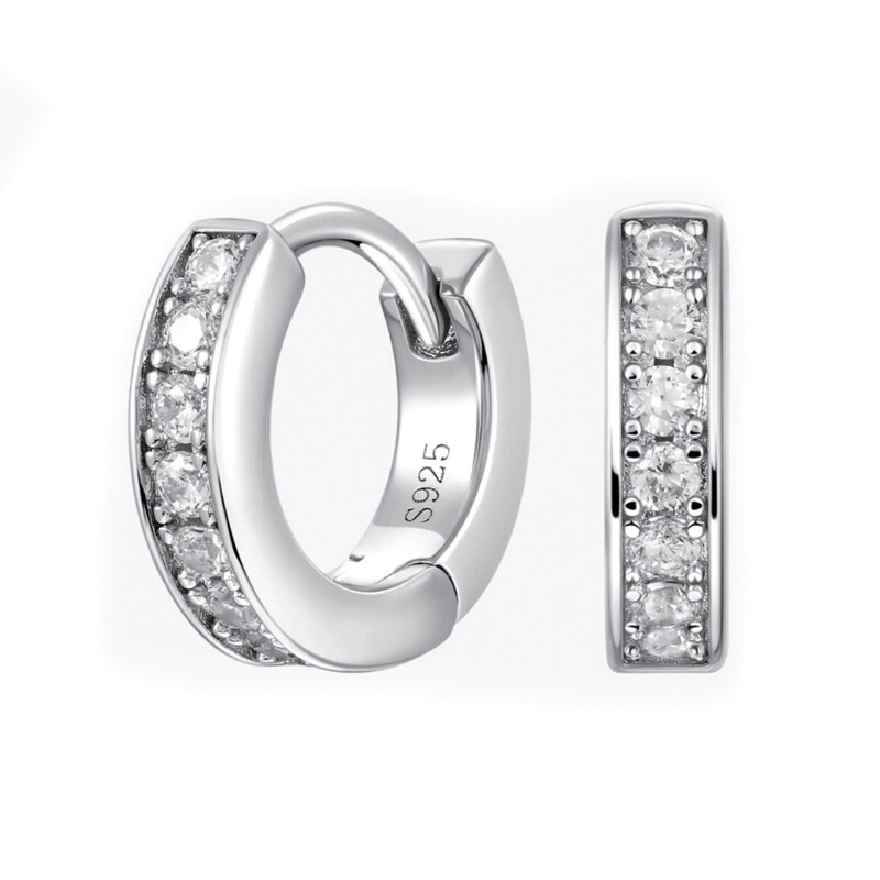 Men&#39;s Women&#39;s One Row 5A Cz White Gold Plated 925 Sterling Silver Huggie Hoop Earrings