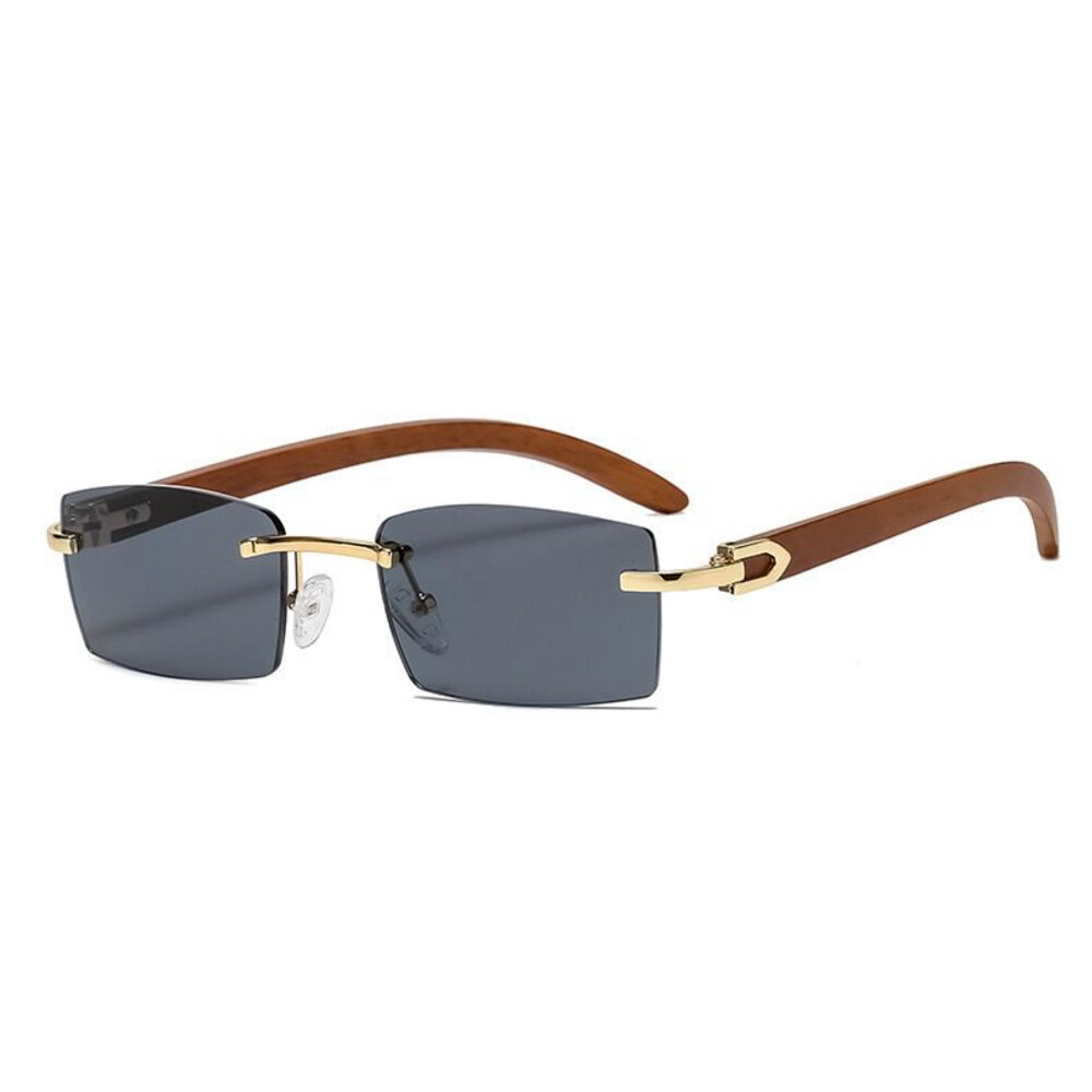 Gold Frame Woodgrain Rimless Men Women&#39;s Rectangle Gray Tint Hip Hop Sunglasses
