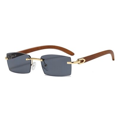 Gold Frame Woodgrain Rimless Men Women&#39;s Rectangle Gray Tint Hip Hop Sunglasses