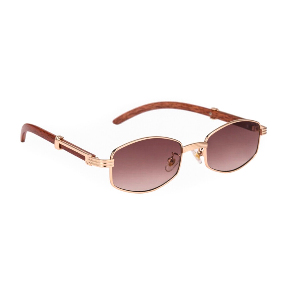 Vintage Retro Polygon Brown Tint Lens  Gold Frame Men Wooden Frames Sunglasses