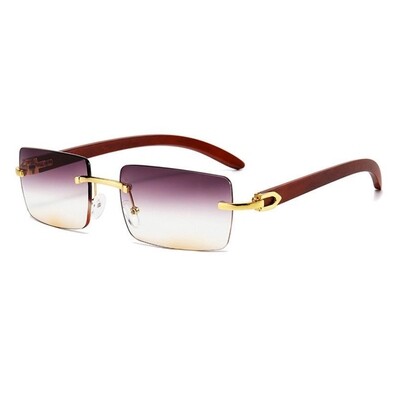 Rimless Burgundy Gradient Tint Men Women Gold Frame Rectangle Vintage Woodgrain Square Sunglasses