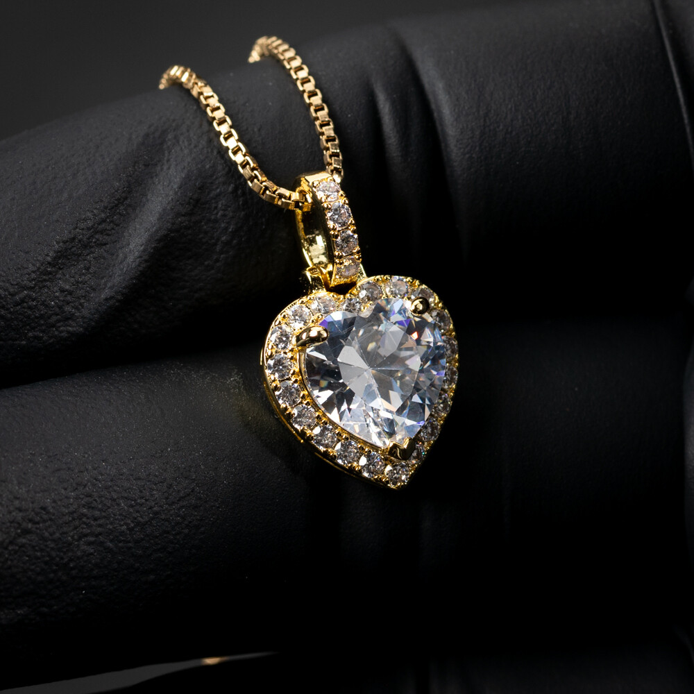 Women's Yellow Gold Plated Iced Cz Mini Heart Pendant Chain Necklace