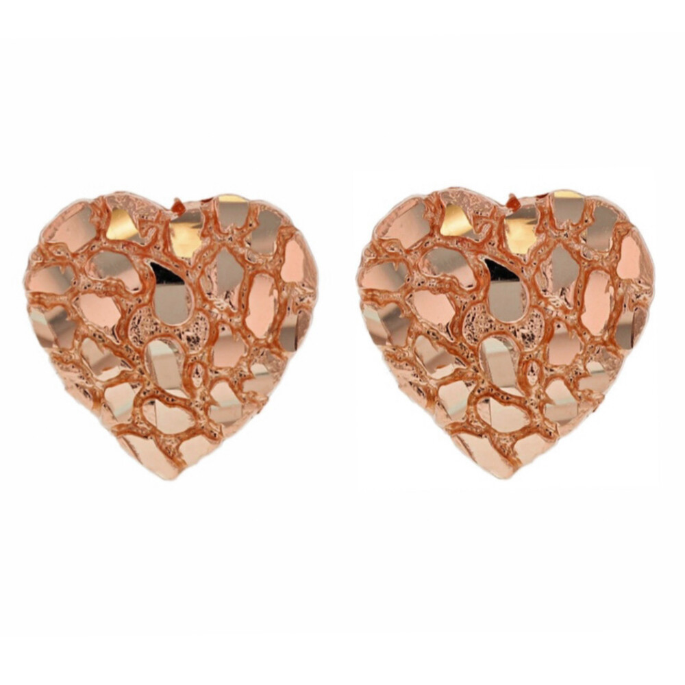 Women’s Solid 14K Rose Gold 925 Sterling Silver Nugget Heart Stud Earrings