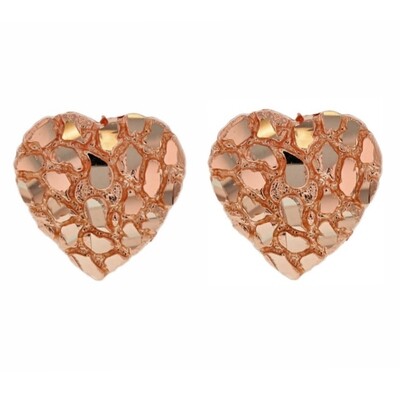 Women’s Solid 14K Rose Gold 925 Sterling Silver Nugget Heart Stud Earrings